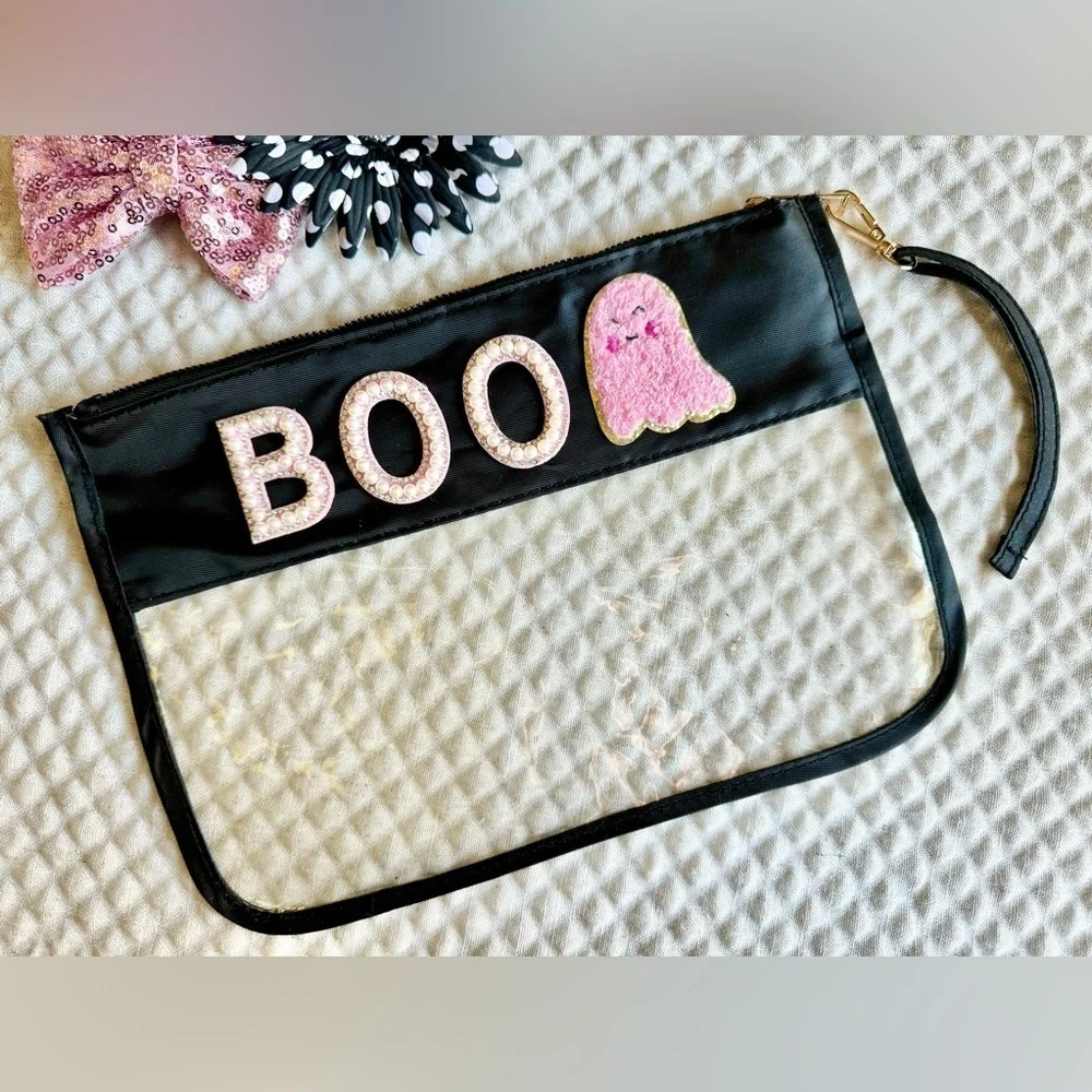 New Halloween Boo Pink Ghost Black & Clear Zippered Makeup Wristlet Bag - 11.5”